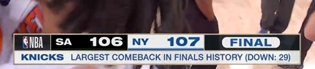 尼克斯29分逆转马刺 创总决赛历史最大翻盘 尼克斯29分逆转马刺 创总决赛历史最大翻盘