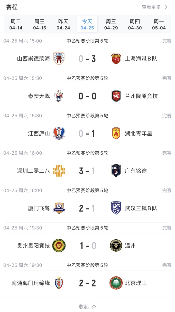 中乙第5轮：厦门飞鹭2-1武汉三镇B队 深圳二零二八3-1广东铭途